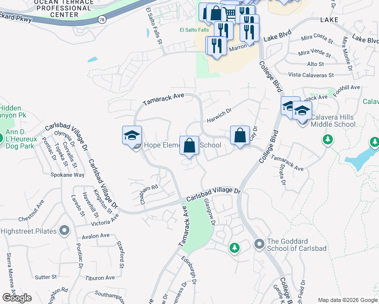 map of restaurants, bars, coffee shops, grocery stores, and more near 3707 Azimuth Place in Carlsbad