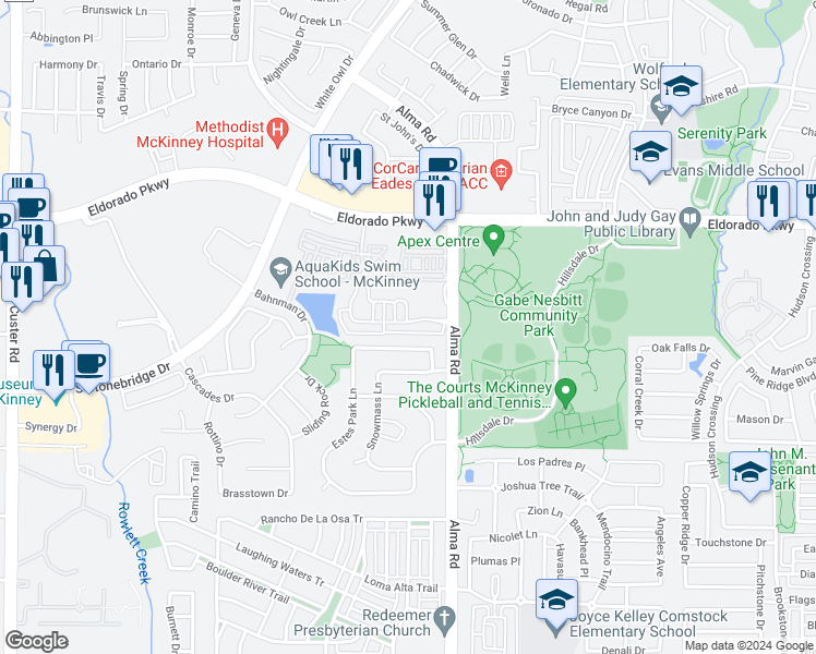 map of restaurants, bars, coffee shops, grocery stores, and more near 7617 Renaissance Boulevard in McKinney