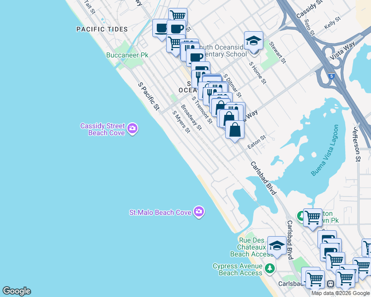 map of restaurants, bars, coffee shops, grocery stores, and more near 1931 South Pacific Street in Oceanside