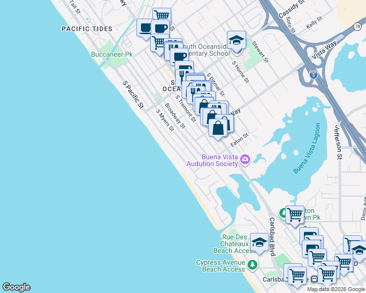 map of restaurants, bars, coffee shops, grocery stores, and more near 1940 Broadway Street in Oceanside