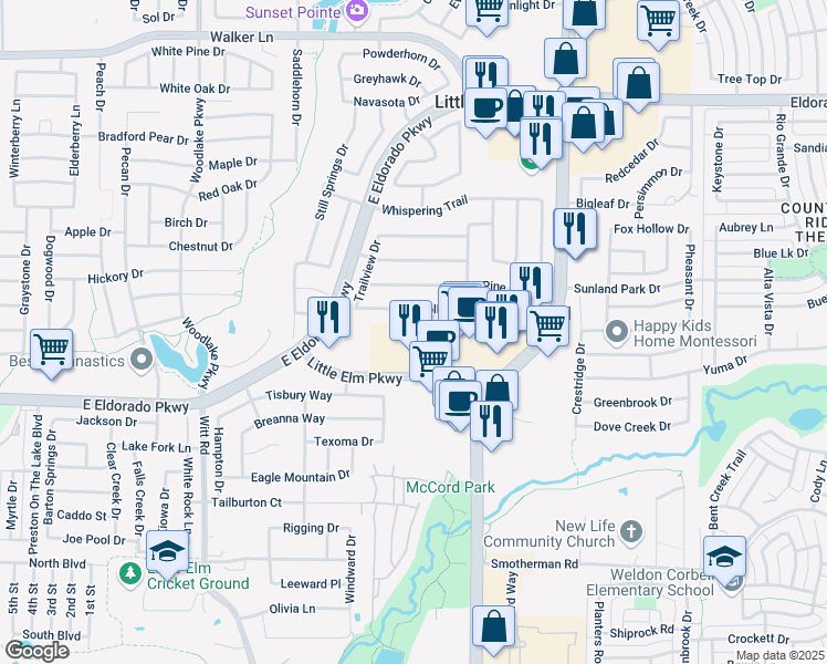 map of restaurants, bars, coffee shops, grocery stores, and more near 2601 Little Elm Parkway in Little Elm