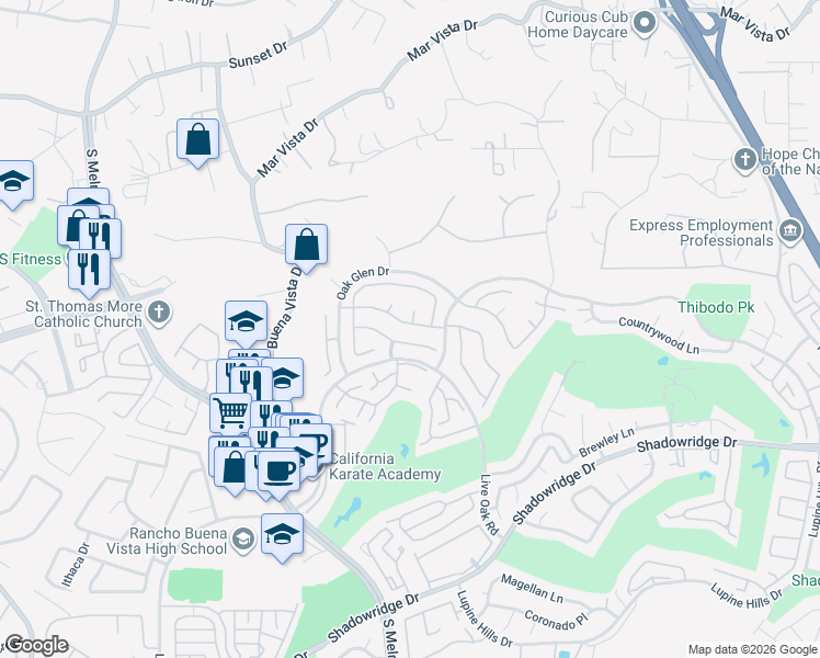 map of restaurants, bars, coffee shops, grocery stores, and more near 1533 Roma Drive in Vista