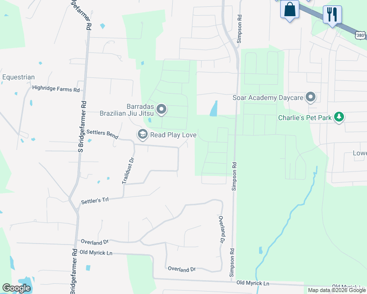 map of restaurants, bars, coffee shops, grocery stores, and more near 1405 Pioneer Lane in McKinney