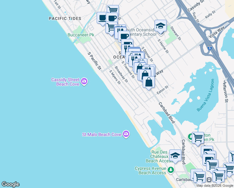 map of restaurants, bars, coffee shops, grocery stores, and more near 1931 South Pacific Street in Oceanside