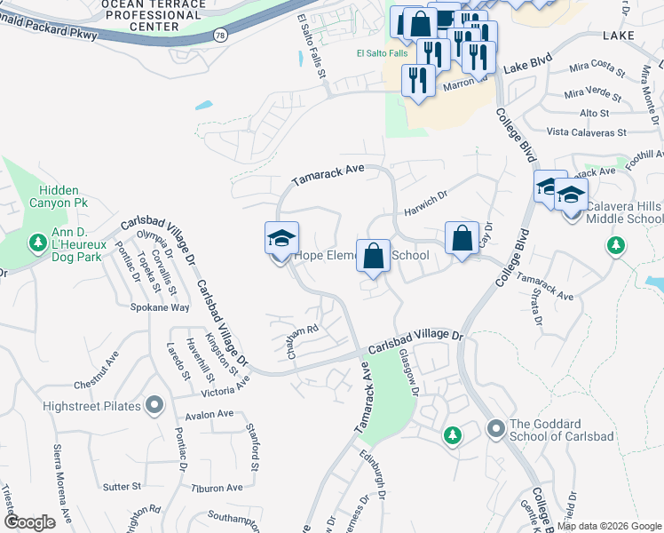 map of restaurants, bars, coffee shops, grocery stores, and more near 2985 Glenbrook Street in Carlsbad