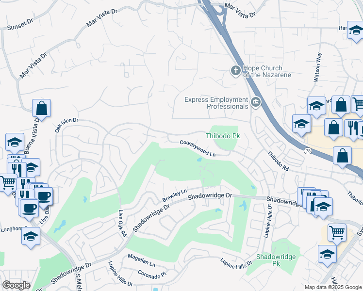 map of restaurants, bars, coffee shops, grocery stores, and more near 1211 Countrywood Lane in Vista