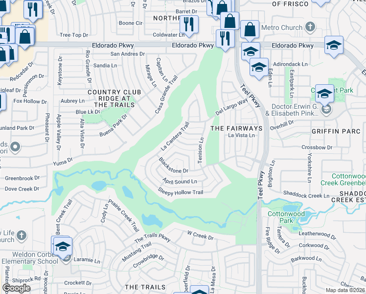 map of restaurants, bars, coffee shops, grocery stores, and more near 2416 Falcon Point Drive in Frisco