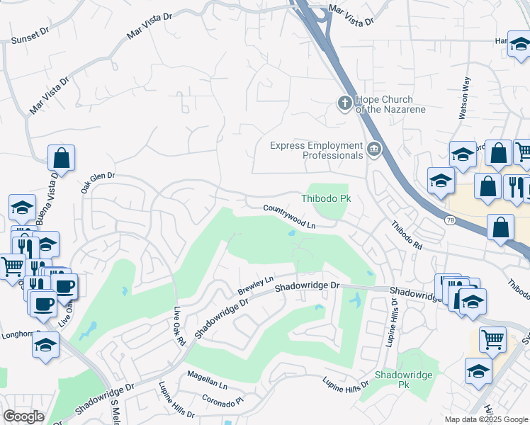map of restaurants, bars, coffee shops, grocery stores, and more near 1211 Countrywood Lane in Vista