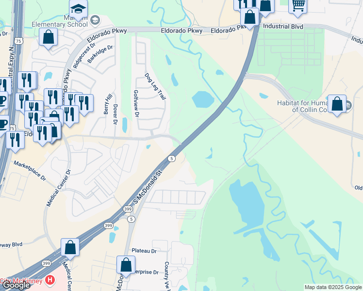 map of restaurants, bars, coffee shops, grocery stores, and more near Highway 5 in McKinney