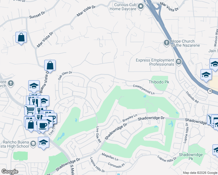 map of restaurants, bars, coffee shops, grocery stores, and more near 1335 Krug Court in Vista