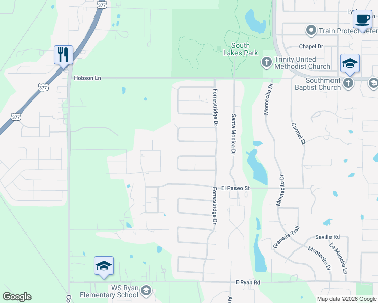 map of restaurants, bars, coffee shops, grocery stores, and more near 34 Timbergreen Circle in Denton