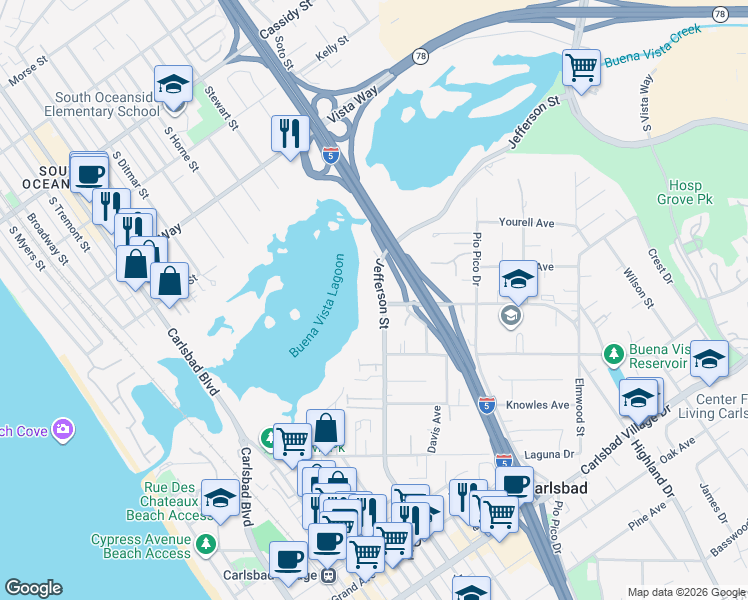 map of restaurants, bars, coffee shops, grocery stores, and more near 2399 Jefferson Street in Carlsbad