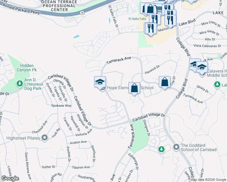 map of restaurants, bars, coffee shops, grocery stores, and more near 2997 Greenwich Street in Carlsbad