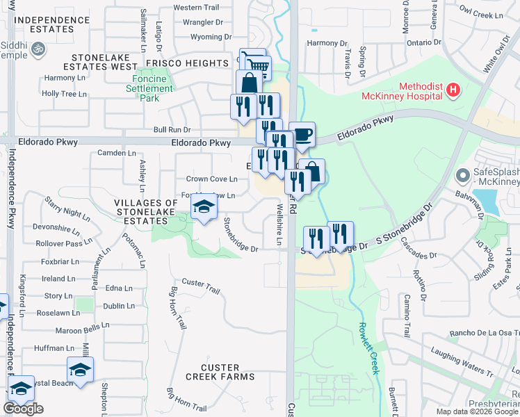 map of restaurants, bars, coffee shops, grocery stores, and more near 15867 Christopher Lane in Frisco