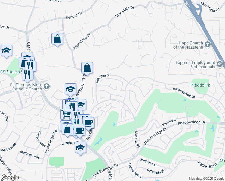 map of restaurants, bars, coffee shops, grocery stores, and more near 1545 Roma Drive in Vista