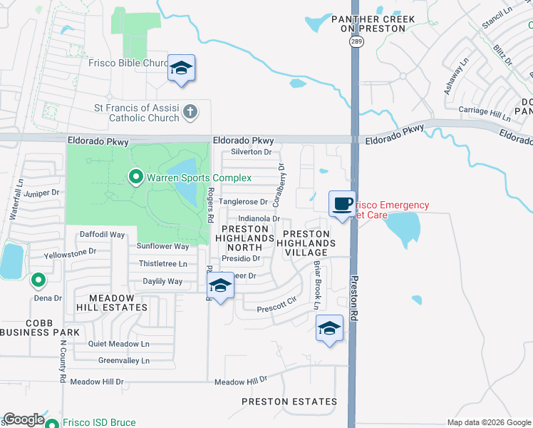 map of restaurants, bars, coffee shops, grocery stores, and more near 8506 Indianola Drive in Frisco