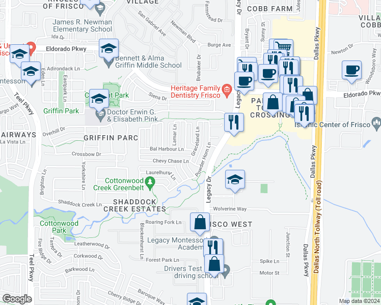 map of restaurants, bars, coffee shops, grocery stores, and more near 4363 Bal Harbour Lane in Frisco