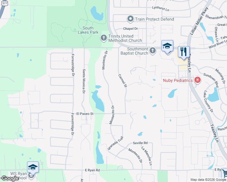 map of restaurants, bars, coffee shops, grocery stores, and more near 3201 Montecito Dr in Denton
