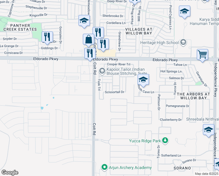 map of restaurants, bars, coffee shops, grocery stores, and more near 13034 Scissortail Drive in Frisco
