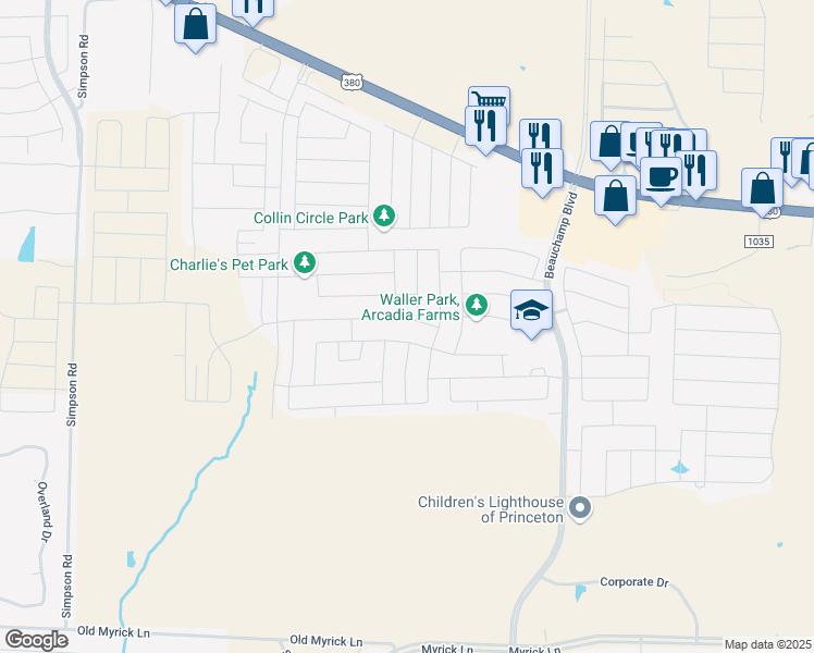 map of restaurants, bars, coffee shops, grocery stores, and more near 1013 Mesquite Lane in Princeton