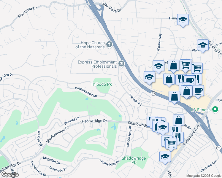 map of restaurants, bars, coffee shops, grocery stores, and more near 1851 Goldenrod Lane in Vista