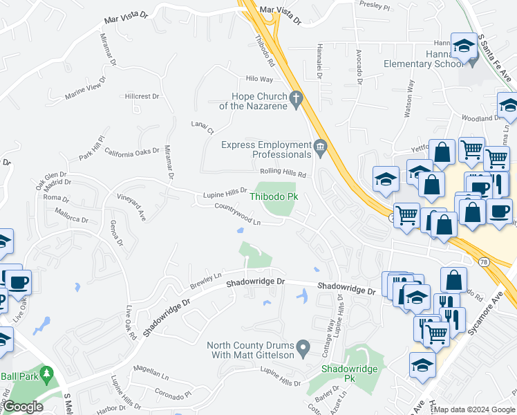 map of restaurants, bars, coffee shops, grocery stores, and more near 1866 Falconer Court in Vista