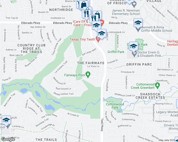 map of restaurants, bars, coffee shops, grocery stores, and more near 11279 Las Polamas Drive in Frisco