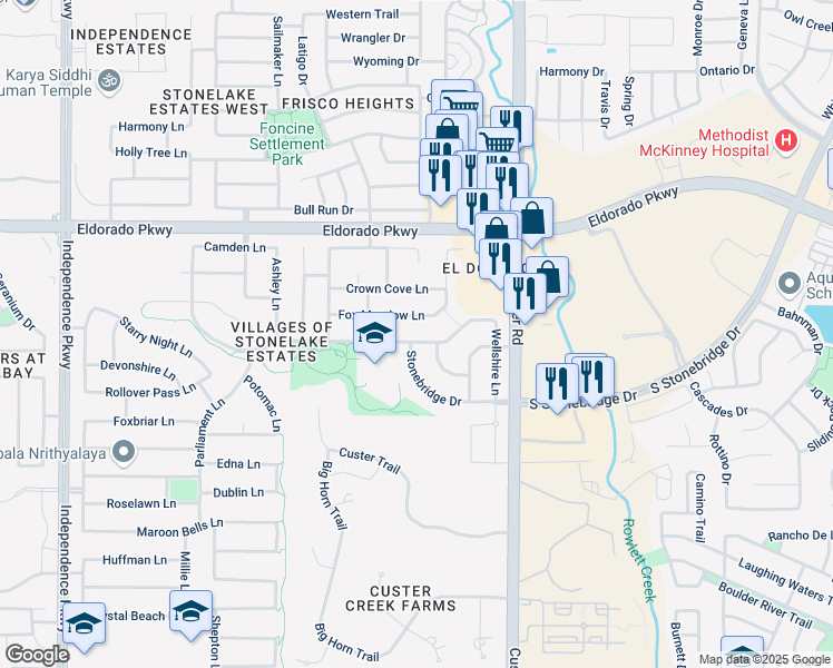 map of restaurants, bars, coffee shops, grocery stores, and more near 15724 Christopher Lane in Frisco