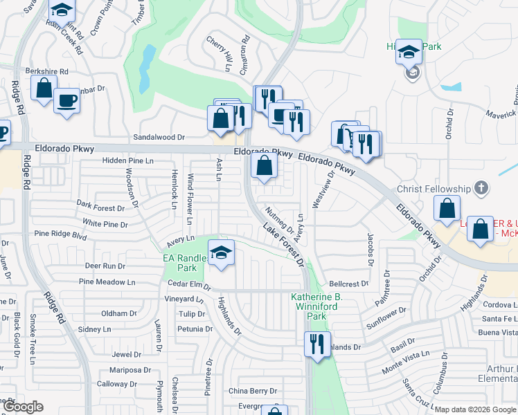 map of restaurants, bars, coffee shops, grocery stores, and more near 3211 South Lake Forest Drive in McKinney