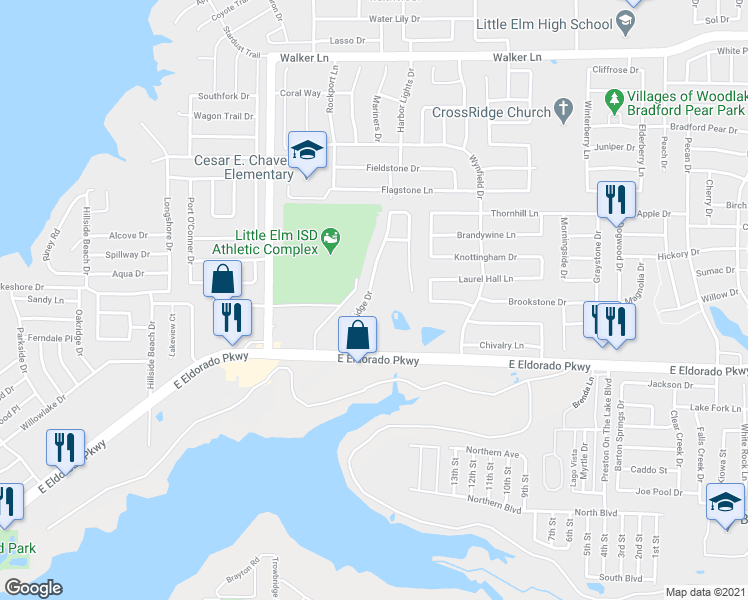 map of restaurants, bars, coffee shops, grocery stores, and more near 238 Castleridge Drive in Little Elm