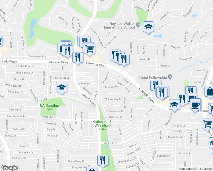 map of restaurants, bars, coffee shops, grocery stores, and more near 3112 Valley Crest Drive in McKinney