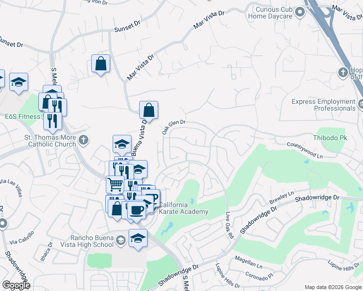 map of restaurants, bars, coffee shops, grocery stores, and more near 1549 Roma Drive in Vista