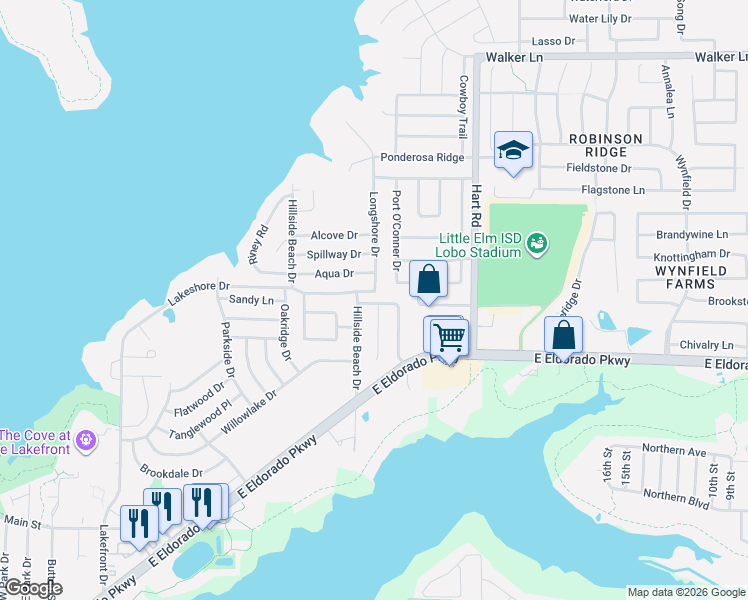 map of restaurants, bars, coffee shops, grocery stores, and more near 306 Longshore Drive in Little Elm