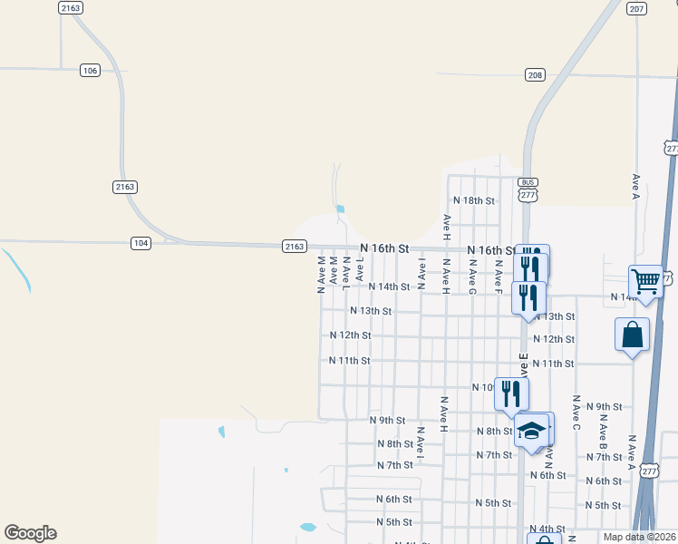 map of restaurants, bars, coffee shops, grocery stores, and more near 1405 North Avenue L in Haskell