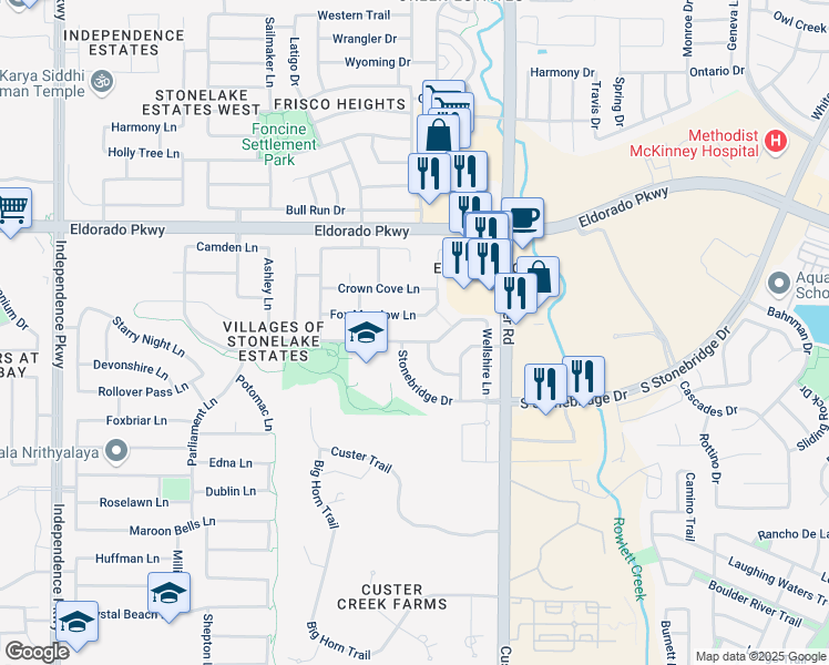 map of restaurants, bars, coffee shops, grocery stores, and more near 15724 Christopher Lane in Frisco