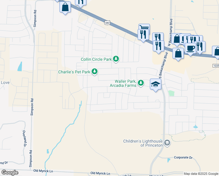 map of restaurants, bars, coffee shops, grocery stores, and more near 1117 Mesquite Lane in Princeton