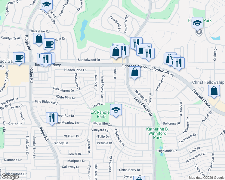map of restaurants, bars, coffee shops, grocery stores, and more near 5213 Crossvine Lane in McKinney
