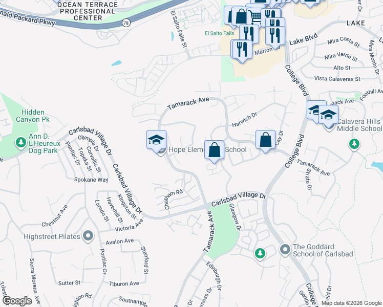 map of restaurants, bars, coffee shops, grocery stores, and more near 2985 Glenbrook St in Carlsbad