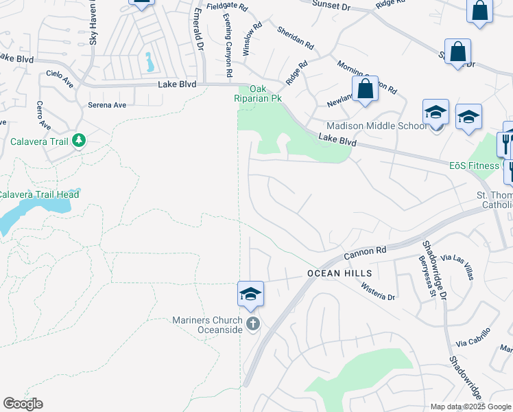 map of restaurants, bars, coffee shops, grocery stores, and more near 5025 Nighthawk Way in Oceanside