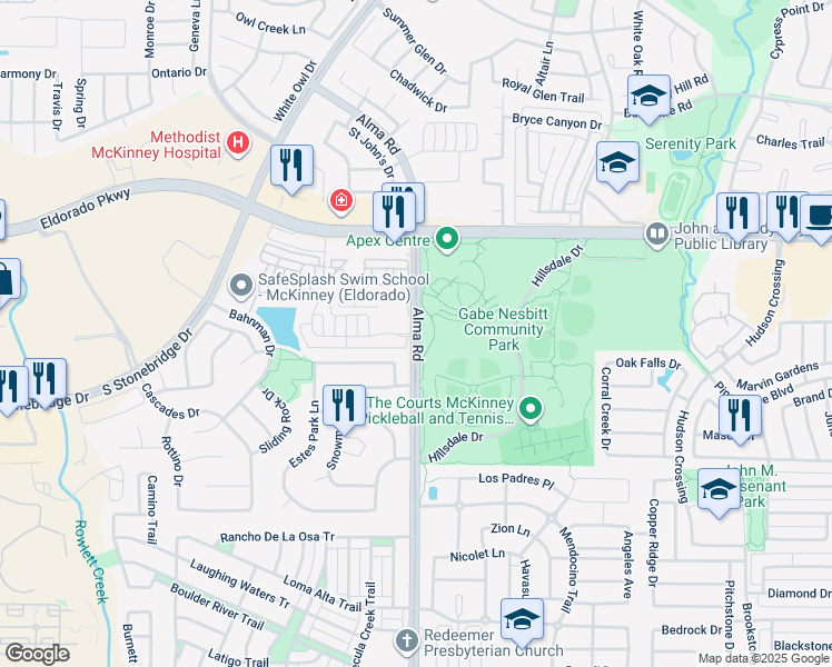 map of restaurants, bars, coffee shops, grocery stores, and more near 3213 Alma Road in McKinney