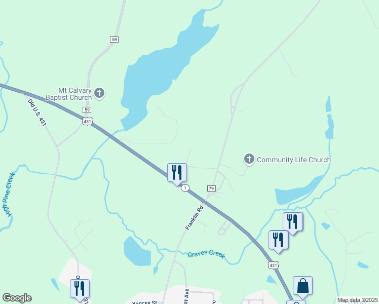 map of restaurants, bars, coffee shops, grocery stores, and more near 149 County Road 79 in Roanoke