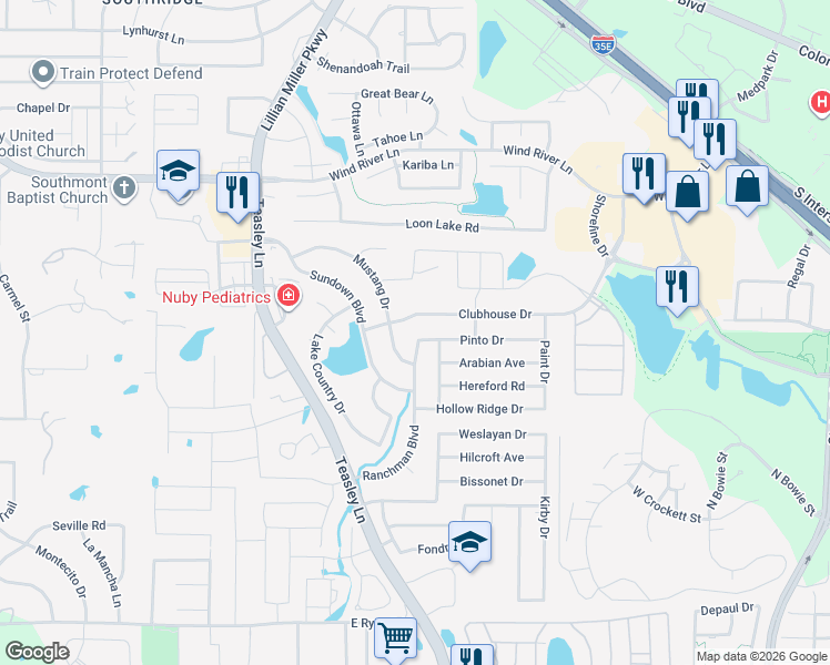 map of restaurants, bars, coffee shops, grocery stores, and more near 2501 Pinto Dr in Denton