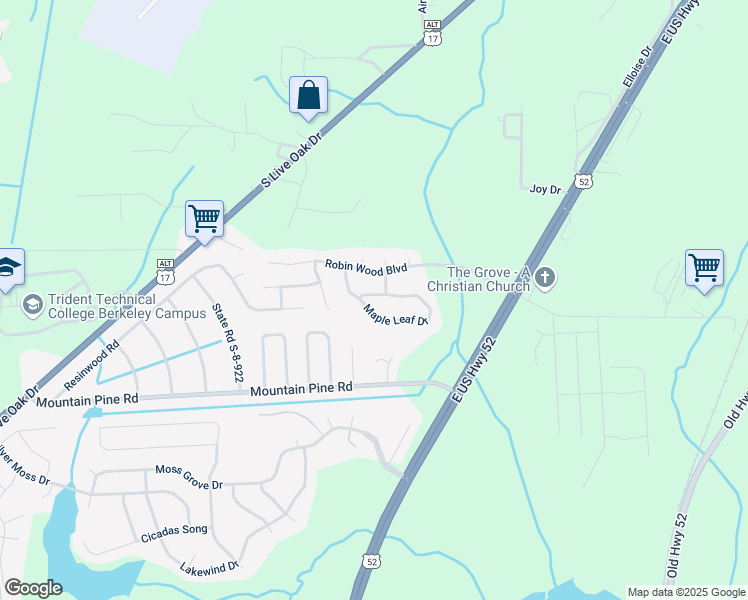 map of restaurants, bars, coffee shops, grocery stores, and more near 3078 Maple Leaf Drive in Moncks Corner