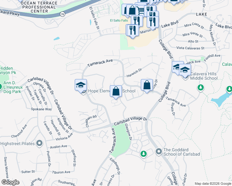 map of restaurants, bars, coffee shops, grocery stores, and more near 3676 Harwich Drive in Carlsbad