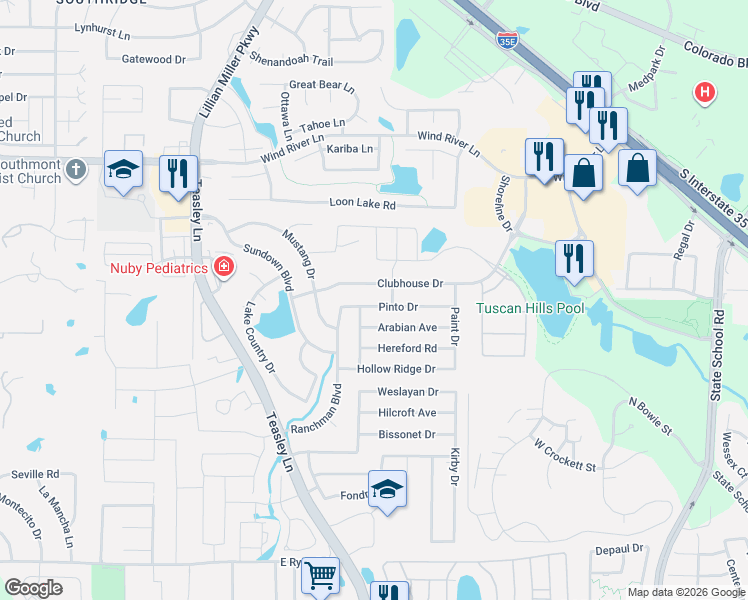 map of restaurants, bars, coffee shops, grocery stores, and more near 2609 Pinto Drive in Denton