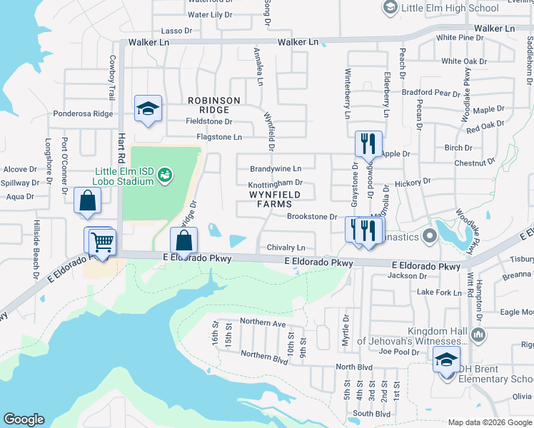map of restaurants, bars, coffee shops, grocery stores, and more near 1448 Ridgecrest Drive in Little Elm