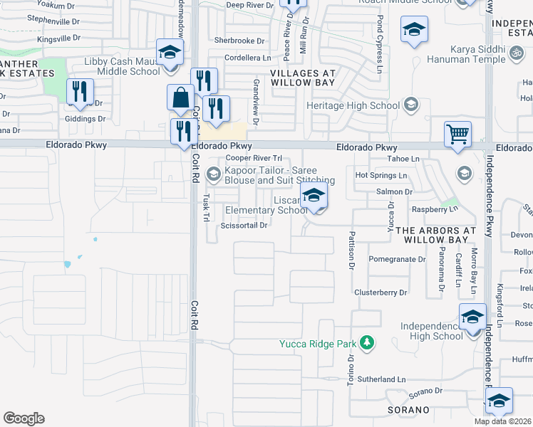 map of restaurants, bars, coffee shops, grocery stores, and more near 11287 Four Roses Trail in Frisco