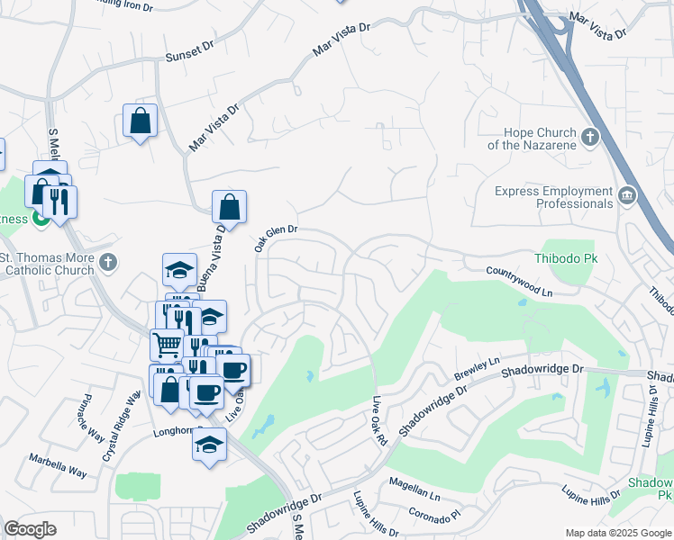 map of restaurants, bars, coffee shops, grocery stores, and more near 1501 Madrid Drive in Vista