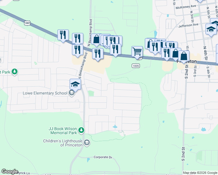 map of restaurants, bars, coffee shops, grocery stores, and more near 417 Sweetshade Lane in Princeton