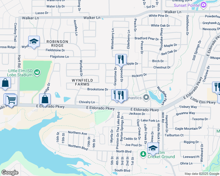 map of restaurants, bars, coffee shops, grocery stores, and more near 1625 Brookstone Drive in Little Elm